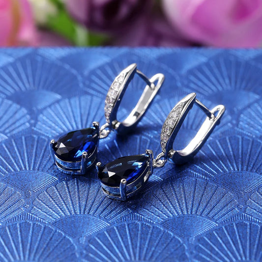 Huitan Women Drop Earrings Fashion Jewelry Hot Trend Noble Blue CZ Lady Dangle Earring for Party Wedding Anniversary Love Gifts