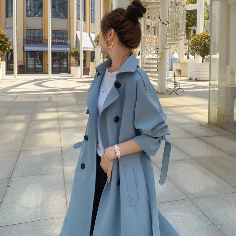 2025 Fashion Women Trench Coat Beige Blue Long Double-Breasted With Belt Spring Autumn Lady Coat Female Korean Loose Outerwear