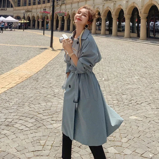 2025 Fashion Women Trench Coat Beige Blue Long Double-Breasted With Belt Spring Autumn Lady Coat Female Korean Loose Outerwear