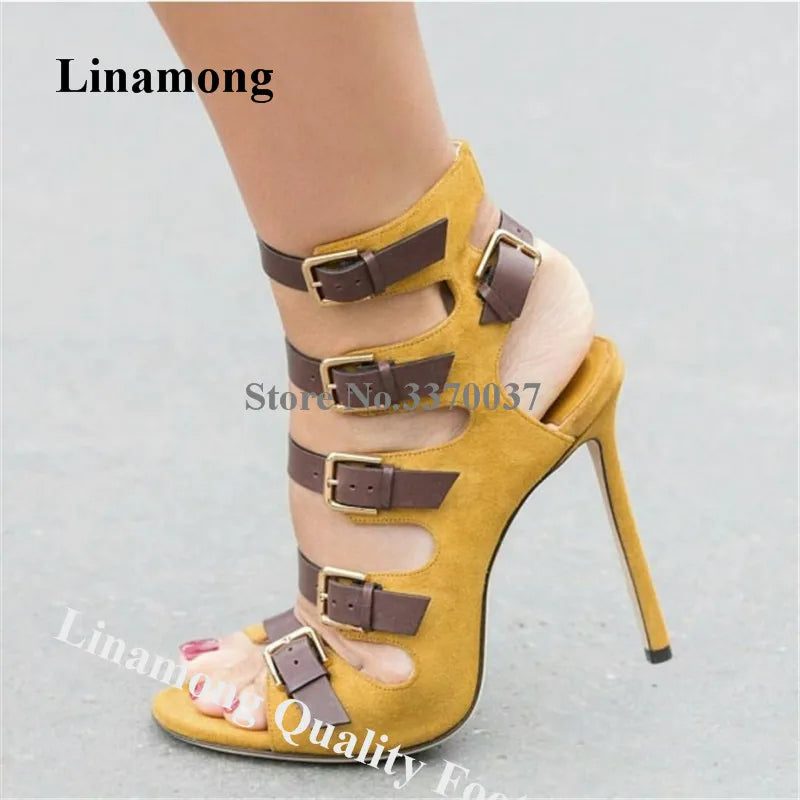 Linamong Western Fashion Open Toe Brown Straps Stiletto Heel Gladiator Sandals Pacthwork Cut-out Buckles High Heel Sandals Heels