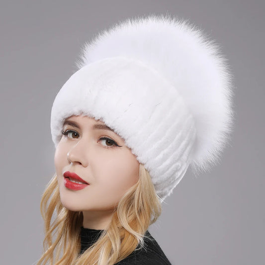 2025 New Style Women Real Genuine Fox Fur Beanies Hat Girls Natural Real Rex Rabbit Fur Skullies Cap Knit Winter Real Fur Hats