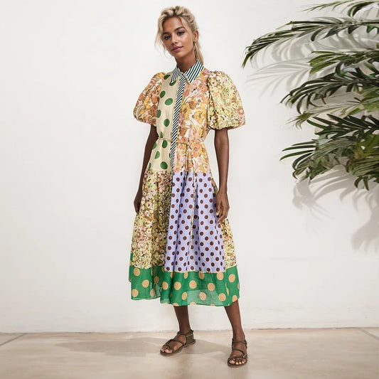 Pattern Printed Women Dress Summer Fashion Lace-Up Single-Breasted Casual Patchwork Turn-Down Lantern Short Sleeve Shirt Dresses