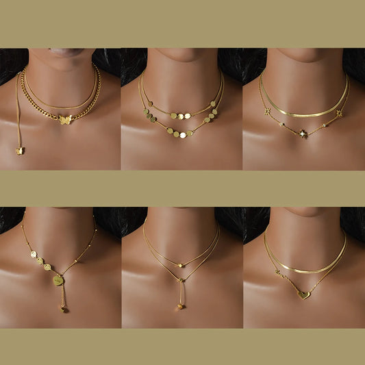 Fashion Gold Plated Layered Necklace Trendy Thin Chain Pendant Dainty Stackable Jewelry Gift for Women Birthday Valentine