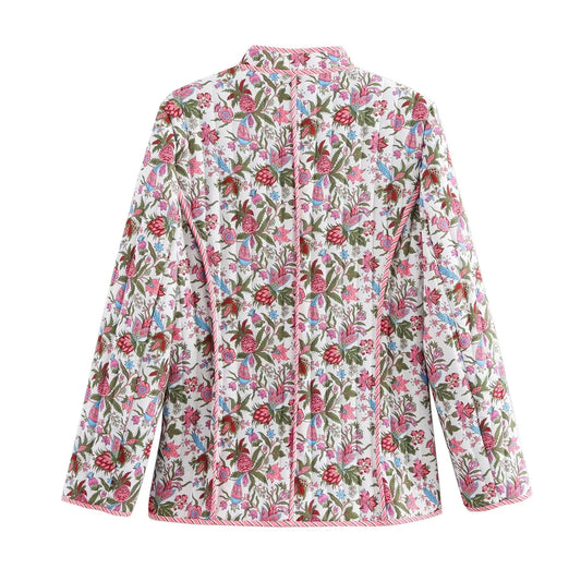 European and American style 2024 autumn new women's retro floral print stand collar long sleeve pocket decoration quilted cotton