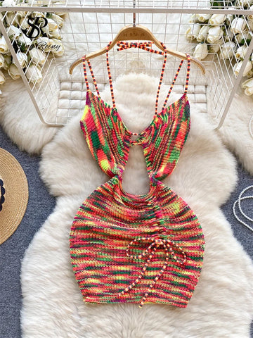 SINGREINY American Europen Hotsweet Halter Lace up Mini Dress Ladies Hollow Slim Fashion Drawstring Bodycon Strap Knitted Dress