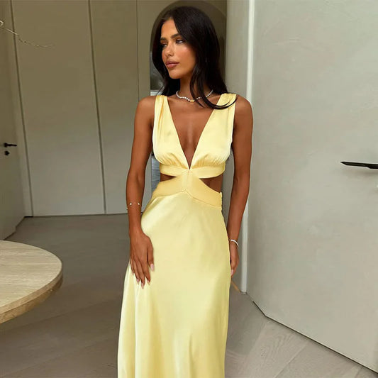 Long Dress Sleeveless Slit Beach Vacation Dress Solid Color High Waist Bodycon Women's Dress