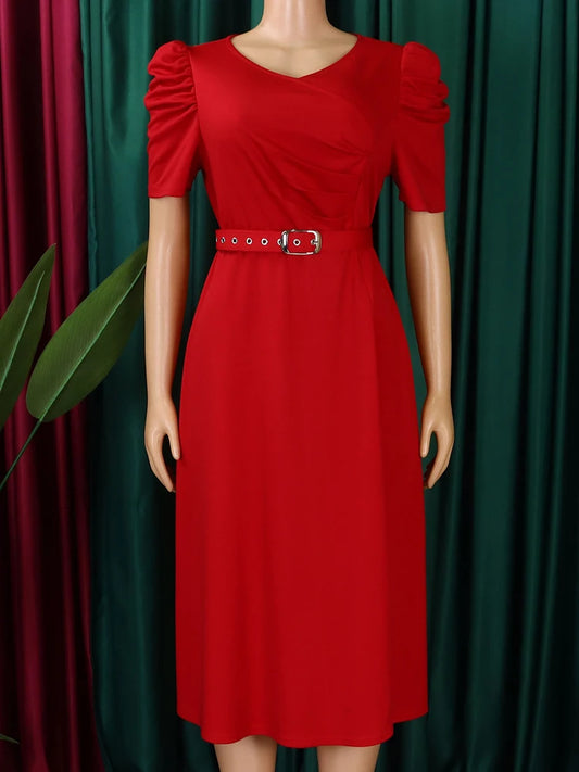 FairyShely 2025 Summer Solid Plus Size Long Dress Women Short Sleeve Large Big Dresses Lady Slim Belt Party Tight Curvy Dress
