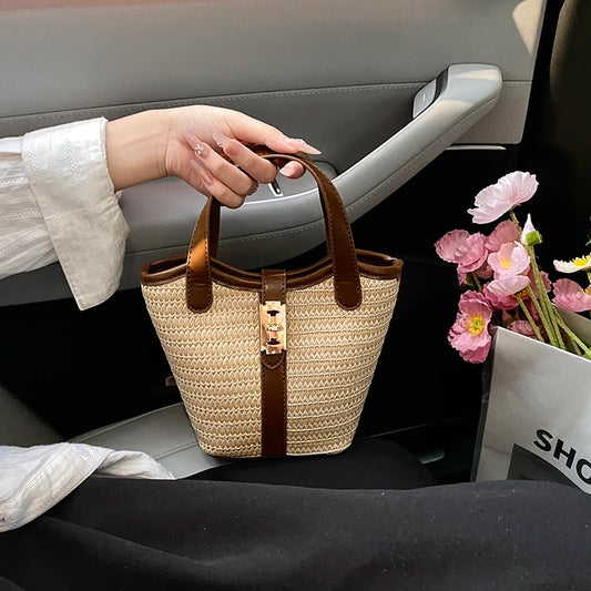 Women Small Basket Bag PU Leather Straw Weaving Handbag Summer Travel Bag Female Shoulder Cross Body Bag Short Handle Bag