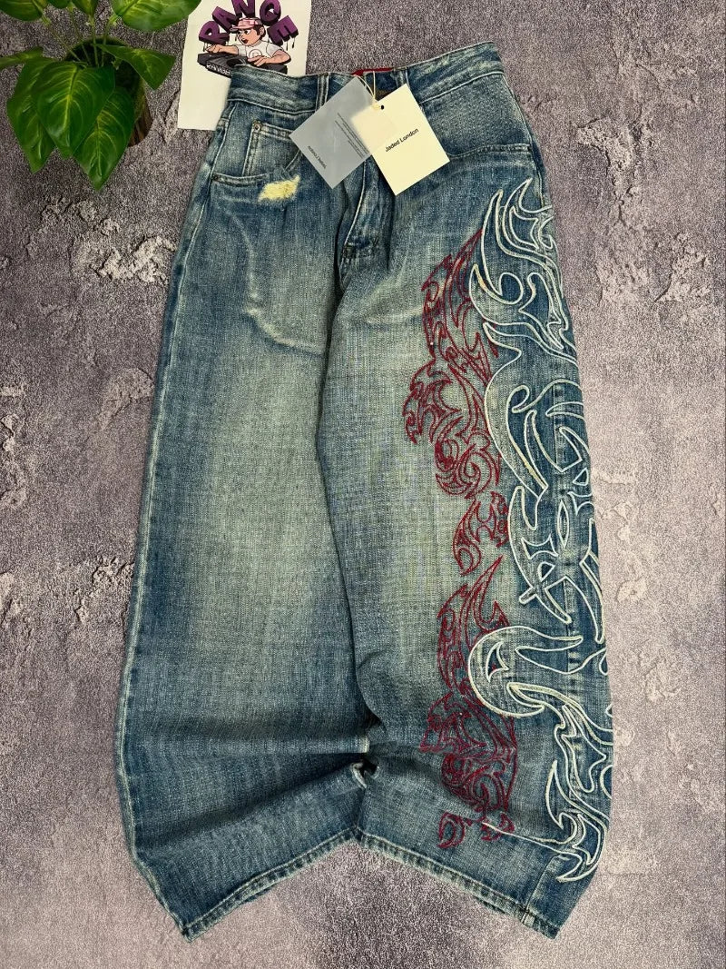 Streetwear New Fashion Big Pattern Embroidered Baggy Jeans Women Y2K Rock Hip Hop Retro Popular Casual High Waist Wide Leg Pants
