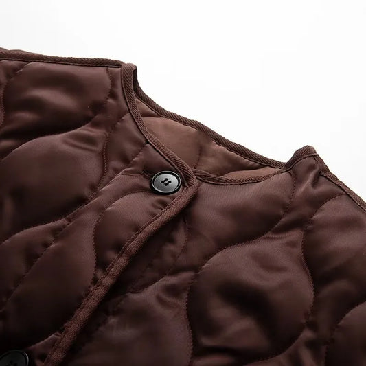 BSK&TRAF2025 Autumn New Women's Solid Color Retro Large Pocket Round Neck Long Sleeve Loose Quilted Cotton Jacket Coat