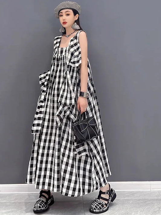 NYFS 2025 Summer New Plaid Dresses Backless Sleeveless Patchwork Bow Small Fresh Minority Elegant Loose Plus Size Long Dress