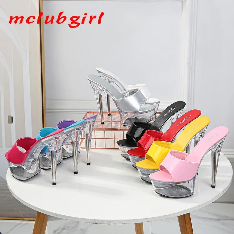 Mclubgirl Patent Leather Extra High Heels, Thin Heels, Sexy Waterproof Platform, Super High Slippers, Women's Summer LFD