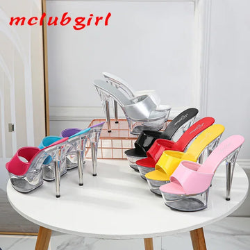 Mclubgirl Patent Leather Extra High Heels, Thin Heels, Sexy Waterproof Platform, Super High Slippers, Women's Summer LFD