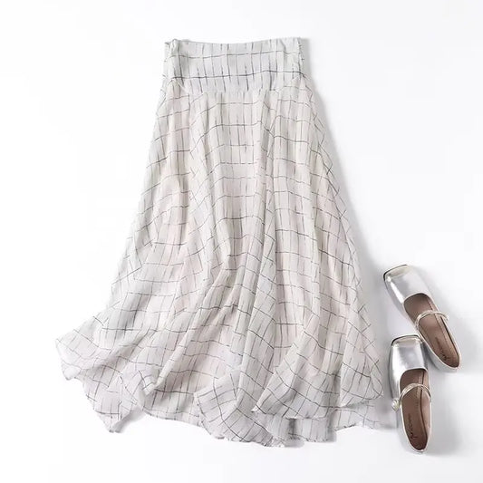 French new irregular plaid skirt for women 2025 temperament high-end flowing A-line skirt