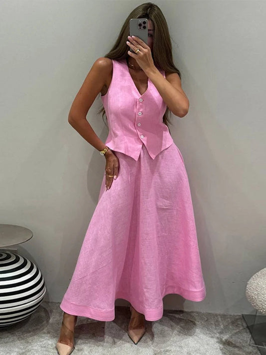 Women Vest Skirt Suit Solid V-neck Single Breasted Sleeveless Short Top Wide Leg Skirts Female Elegant Summer Lady Beach Wears