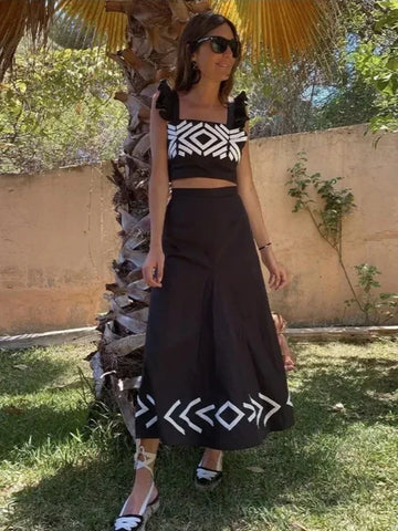 2024 New Women Causal Two Piece Sets Summer Plaid Fly Sleeve Crop Tops Print Skirt Dress Sets Holiday Elegant Women Outfits