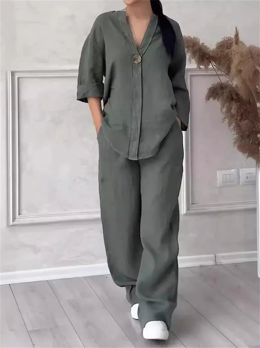 Cotton Linen Two Piece Set Women Casual Tops Wide Leg Pants Long Sleeve Soaked Monochromatic V Neck Fashion Autumn Spring Sets