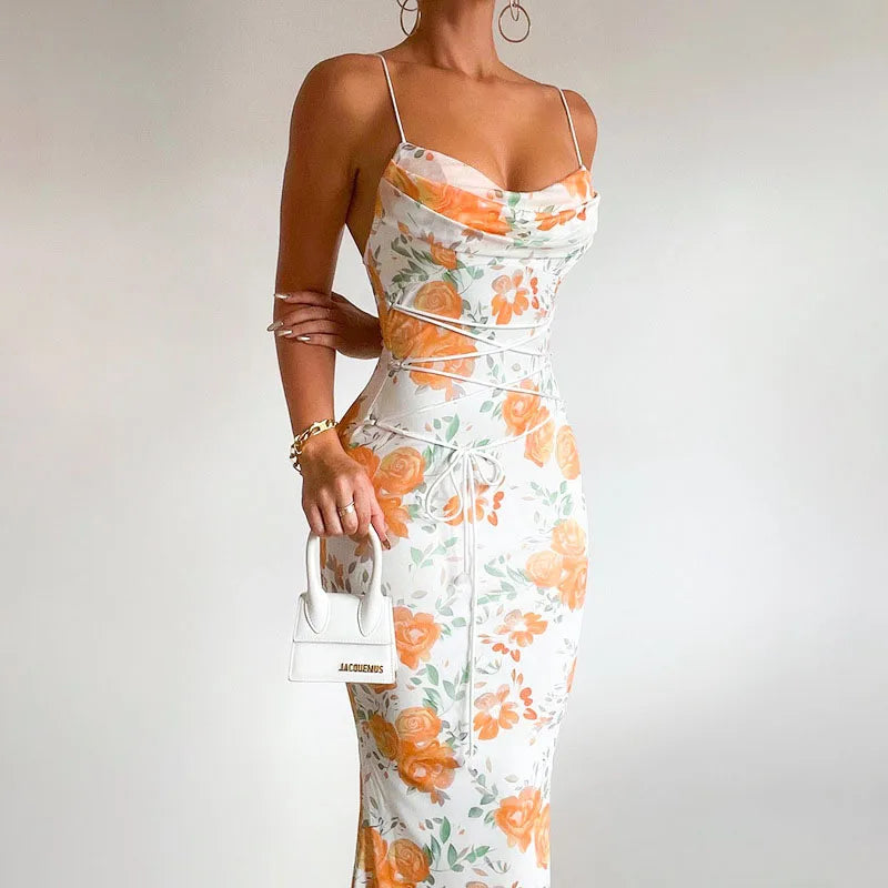 2025 Spring Summer Floral Print Spaghetti Strap Long Dresses Women Sleeveless Backless Bandage Women Elegant Party Dress