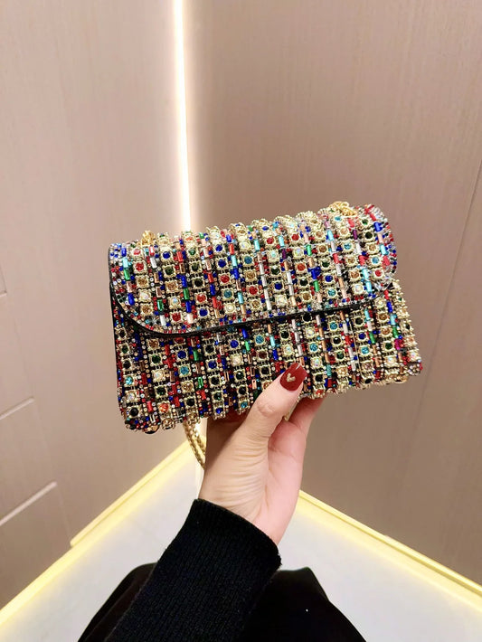 Full Rhinestone Women's Evening Clutch Bag luxury Leather Chain Handbag Elegant Wedding Party Diamond Wallet Rectangular Purse
