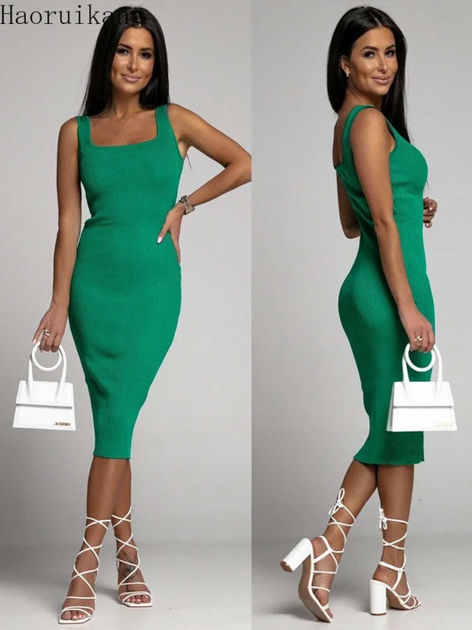 New Summer Simple Solid Sleeveless Women U-Neck Package Hip Dress