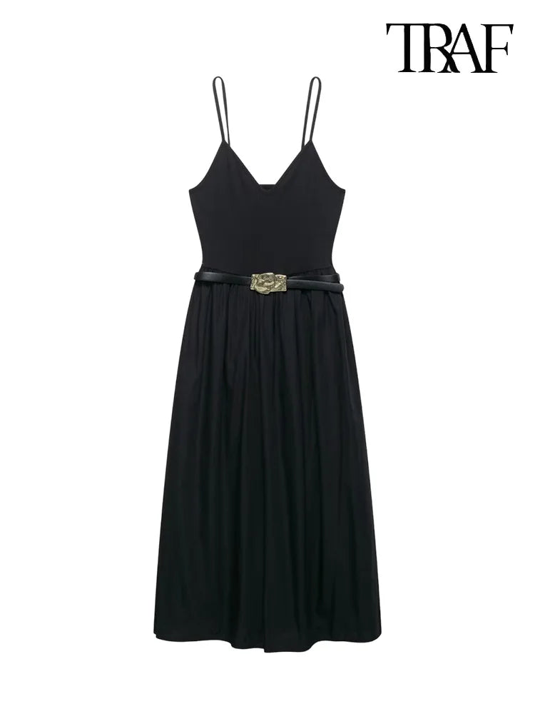 TRAF Women's Splicing Design V-Neck Midi Dress Elegant with Belt Sleeveless Sheath Dresses Casual Holiday Style Women's Y2K