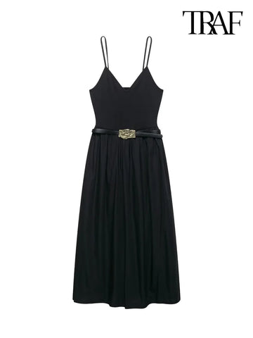TRAF Women's Splicing Design V-Neck Midi Dress Elegant with Belt Sleeveless Sheath Dresses Casual Holiday Style Women's Y2K