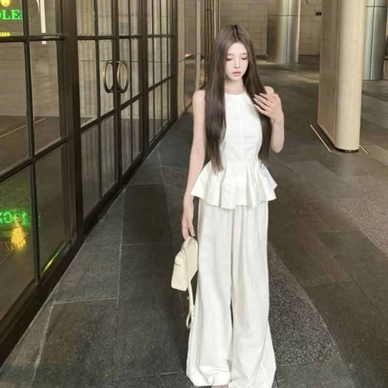 Pant Sets for Women 2 Pieces Ruffle New Matching Chic and Elegant Clothes Full Casual Luxury Promotion Wide Leg Trousers Woman