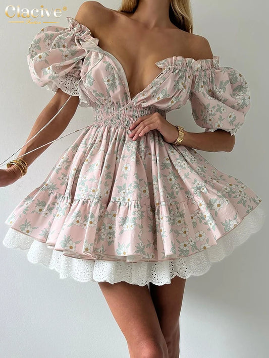 Clacive Summer Slim Print Women's Dress Fashion Slash Neck Short Sleeve Mini Dresses Elegant High Waist Patchwork Female Dress