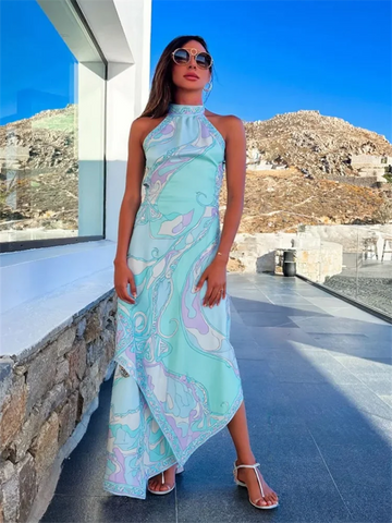 Print Halter Top Skirt Women's Suits Irregular Lace Up Backless Sleeveless Tank High Waist Skirts Sets 2025 Summer Lady Outfits