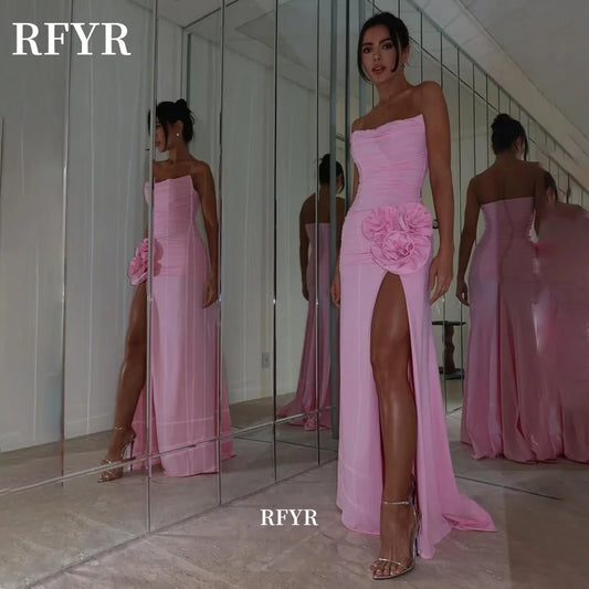 RFYR Chiffon Prom Dress Strapless Party Dress 3D Flowers Evening Dress Pleats Formal Party Dress Vestidos De Noche Customized