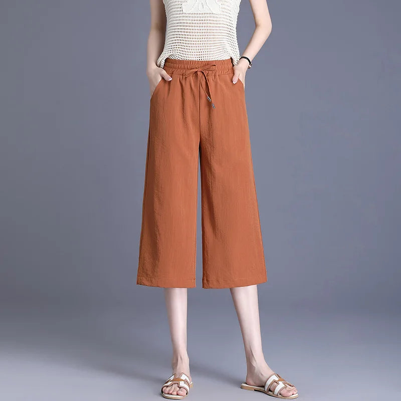Wide leg Capris Women's thin Summer Minimalist High Waisted Drape Loose Oversized Chubby mm Casual Straight leg Pants Trendy