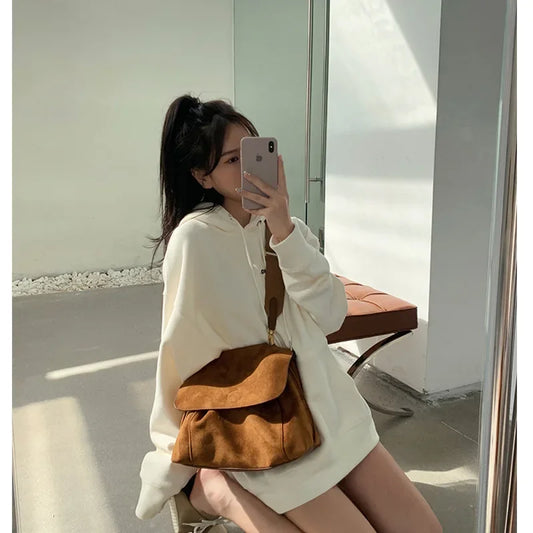 Vintage Brown Velvet Large Capacity Crossbody Bag Women's Bag Versatile Autumn Winter Handbag Shoulder Bag Trendy New Hot Sale O