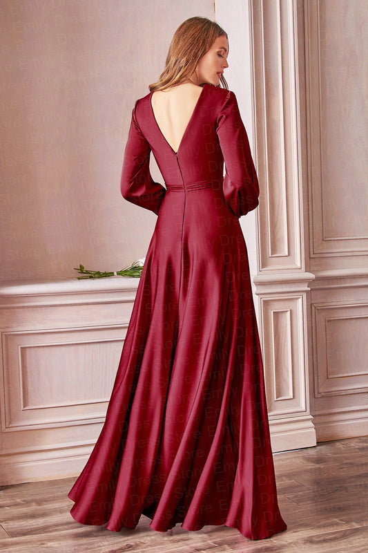 Green Satin Evening Dress Women Floor Length VNeck Sexy High Split Full Sleeves Bridal Formal Long Ball Gowns Pageant Dress
