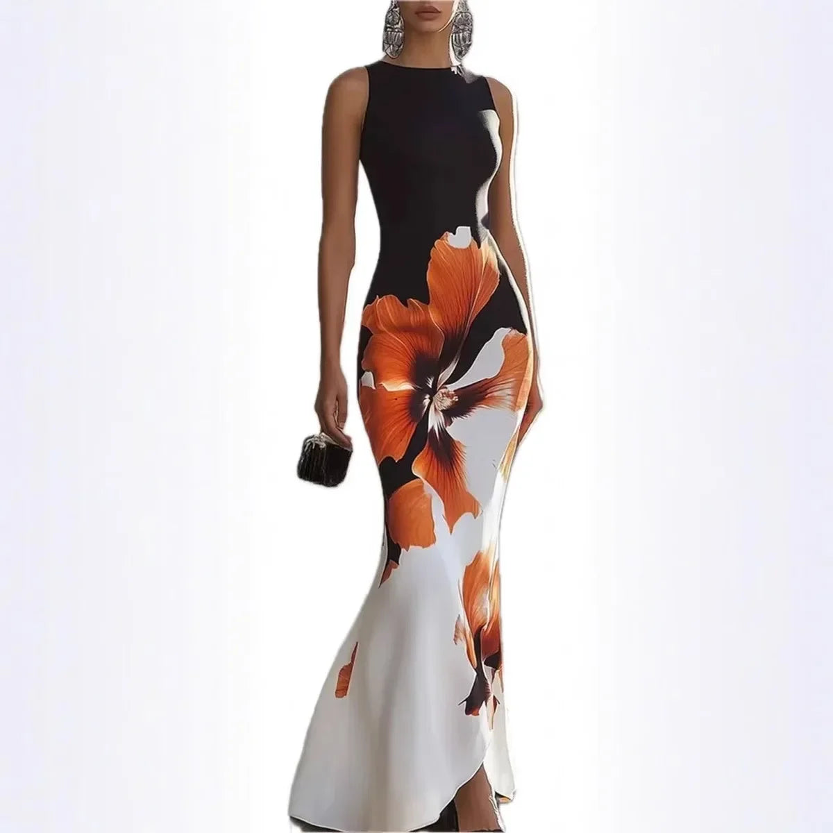 Elegant Long Printed Dress Sleeveless New Style Knee-Length round Neck Cross-Border Independent Station Dress for Women