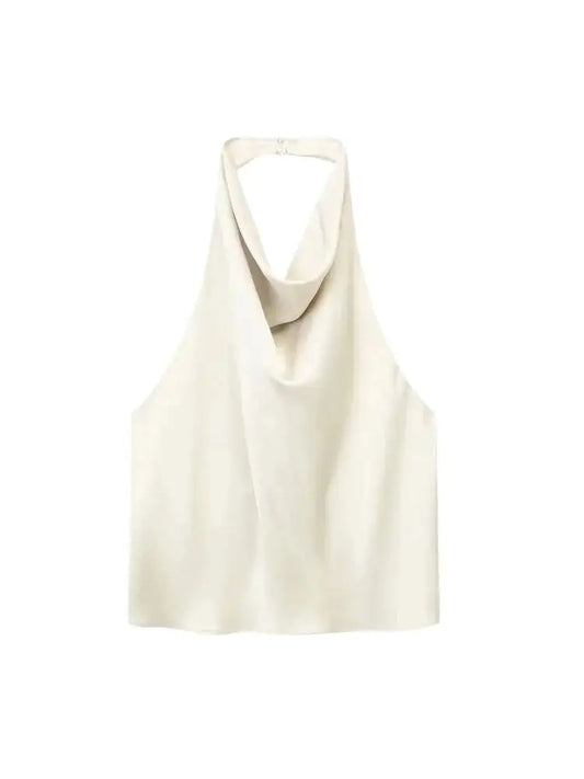 TRZA Women Fashion Satin Flowing Halterneck Tank Tops Sexy Backless With Button Female Camis Mujer