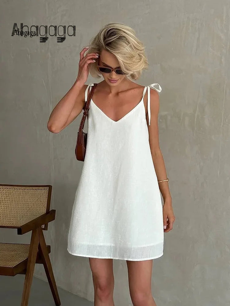 Ahagaga Fashion Women's Dresses Solid Straps Bandage Regular Causal V-Neck Sleeveless Summer Camisole Loose Sweet Femlae Vestido