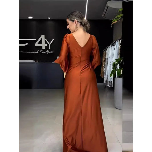 New2025European and American Summer New Style Solid Color Long Sleeve Slim Fit Slit Elegant Dress