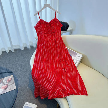 Summer Plus-size Women's Casual Strap Dress Loose Comfortable Polka Dot Print Long Beach Dress 2025 New Women's Clothing Large