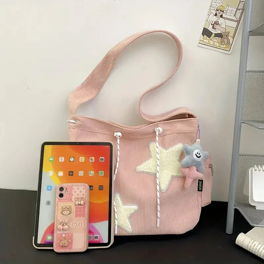 Simple Star Pattern Large Tote Bag, Corduroy Drawstring Shoulder Bag, Cute Tote Bag Canvas Bag