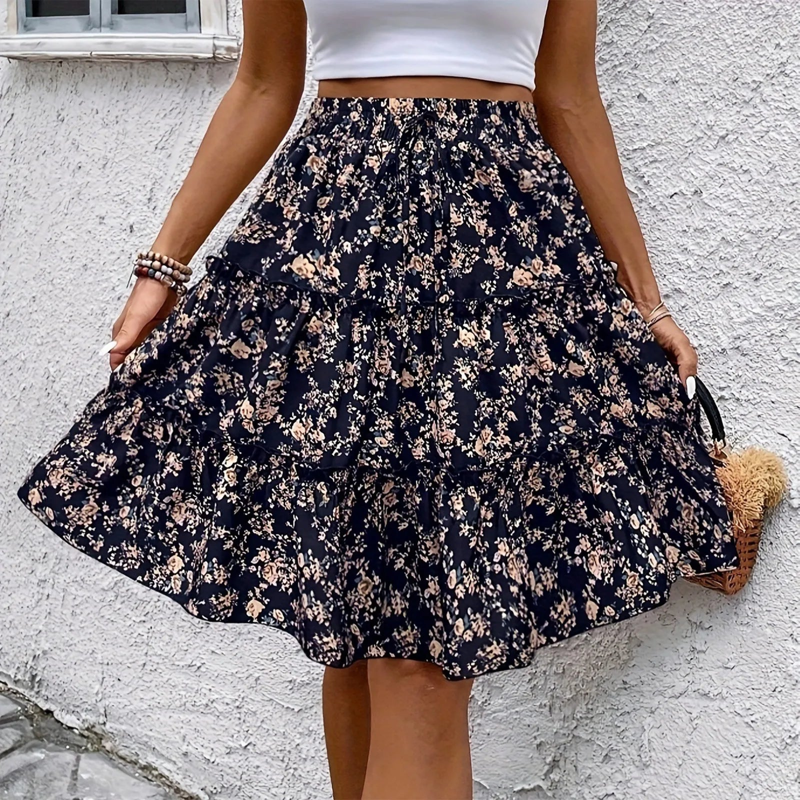 Women's Spliced Cake Skirt Fashionable Floral Print Elastic Waist Strap Versatile Casual Skirts Comfortable knee-length skirt