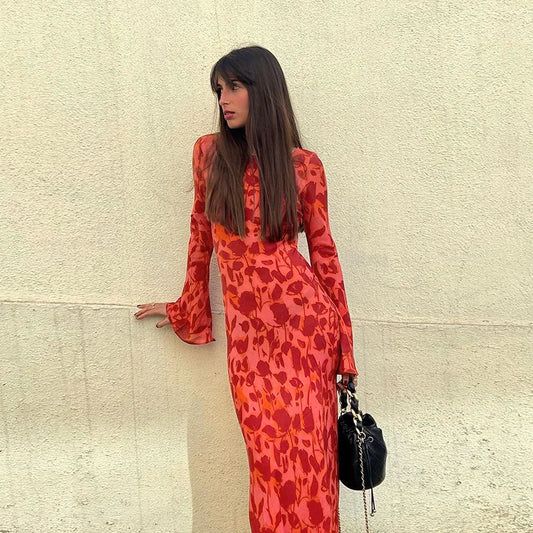 Temperament Print Round Neck Basic Dress Autumn Socialite Style Fashionable And Elegant Slim Fit Long Dress