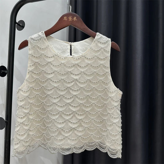 Bling Bling Sequined Tanks Tops Women Fashion Heavy Industry Double-sided Beaded Vest Vacation Leisure Beaded  Chiffon Top