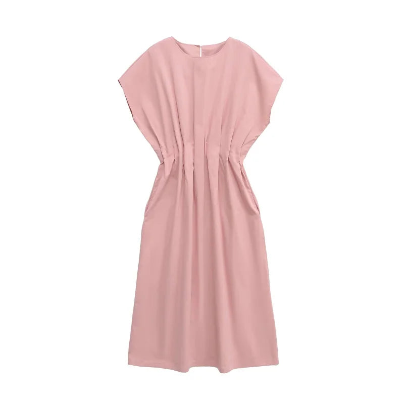 ETJ 2025 summer new TRAF women's ZW series fashion pleated design wide shoulder waist short-sleeved MIDI dress