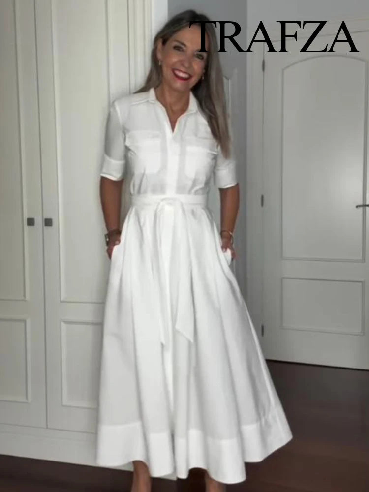 TRAFZA Women's New Fashion Temperature Slim Short Sleeve Poplin Dress Female Elegant Simple High Street Pocket Belted Long Dress