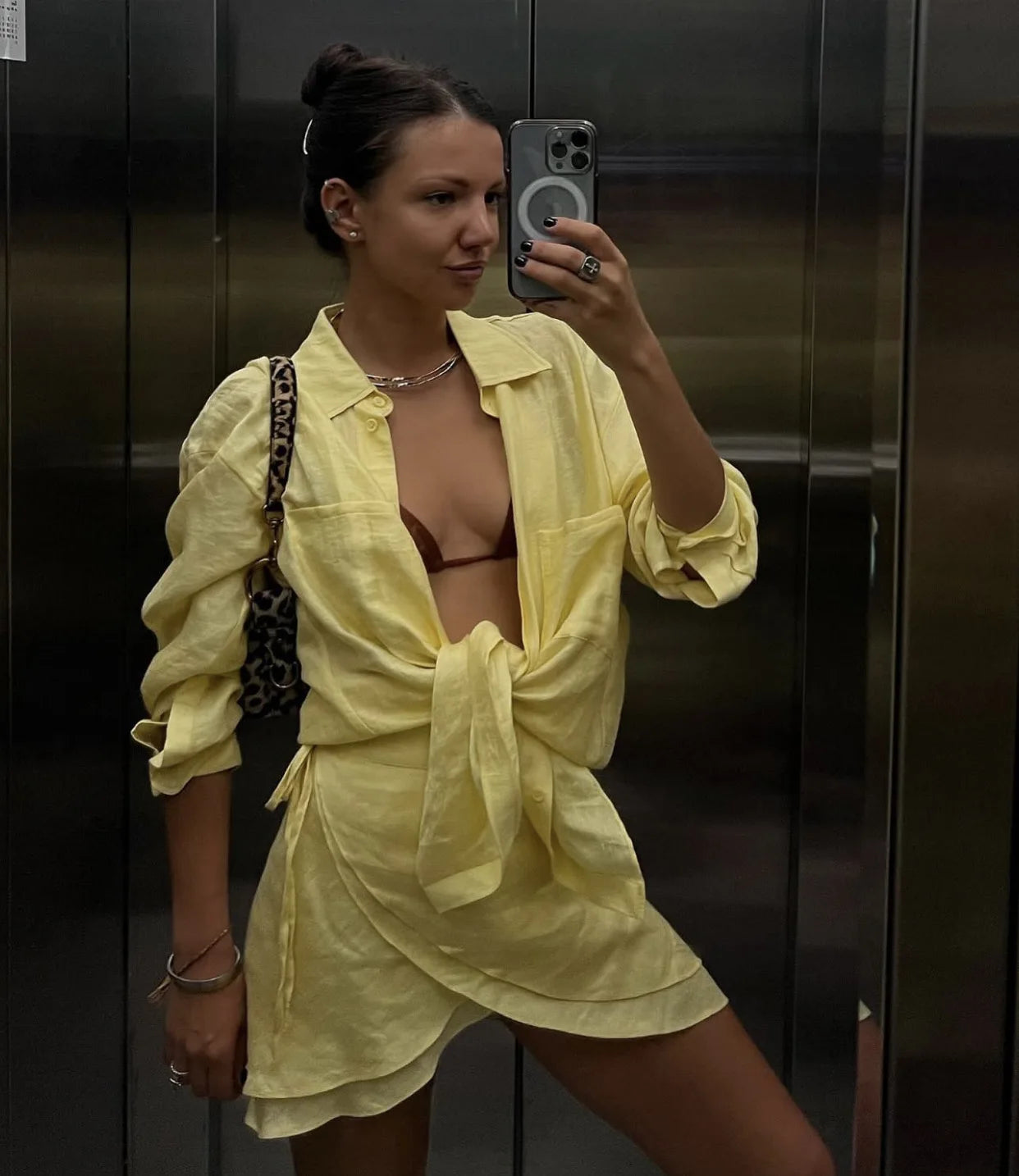 VEITCHE Summer Women Two Piece Linen Skirt Sets Long Sleeve Shirt And Mini Skirt Loose Suit Beachwear Sun-protective clothes