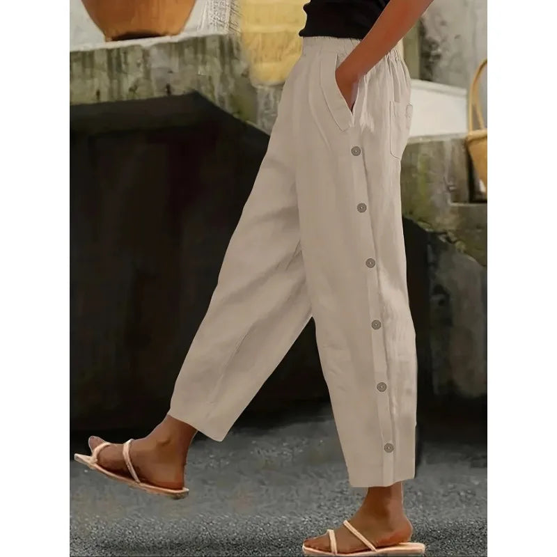 Plus Size 1XL-5XL Women Button Up Wide Leg Pants For Women Solid Color Cropped Cotton Pants Summer High Waist Baggy Sweat pants