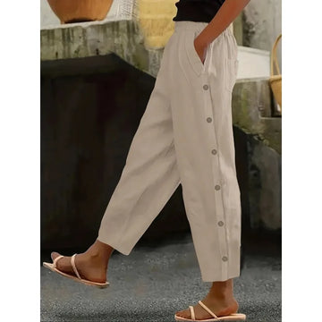 Plus Size 1XL-5XL Women Button Up Wide Leg Pants For Women Solid Color Cropped Cotton Pants Summer High Waist Baggy Sweat pants