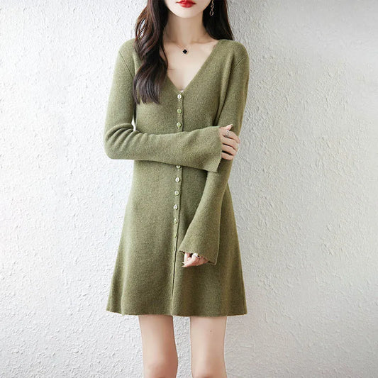 100% Wool V-Neck Multi Button Cardigan Dress Women's AutumnWinter Bell Sleeve Soft And Warm Solid Color Pullover Loose Knit Top