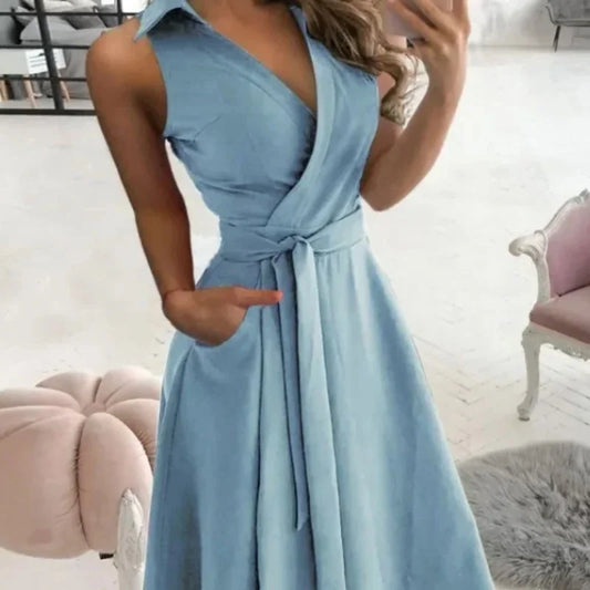 Women's Spring/Summer Short Sleeved V-neck Off Shoulder Dress Solid Color Belt Dress Casual Holiday Loose Fashion Elegant Dress