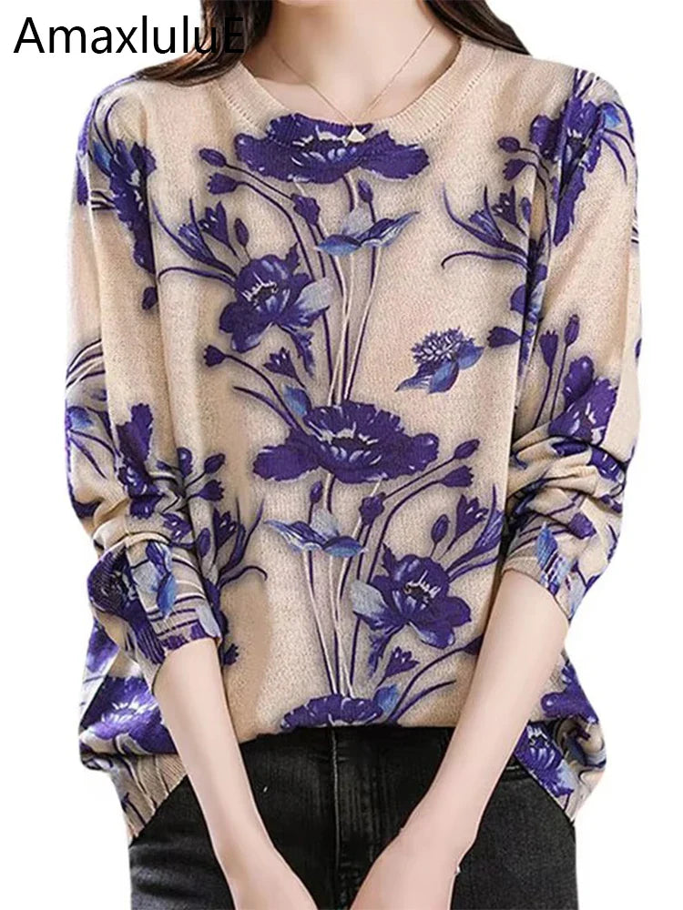 Amax luluE Summer Knitwear Womens Fashion Loose Printed Sweaters Ladies Luxury Leisure Floral Pullover Vintage Elegant Jumpers